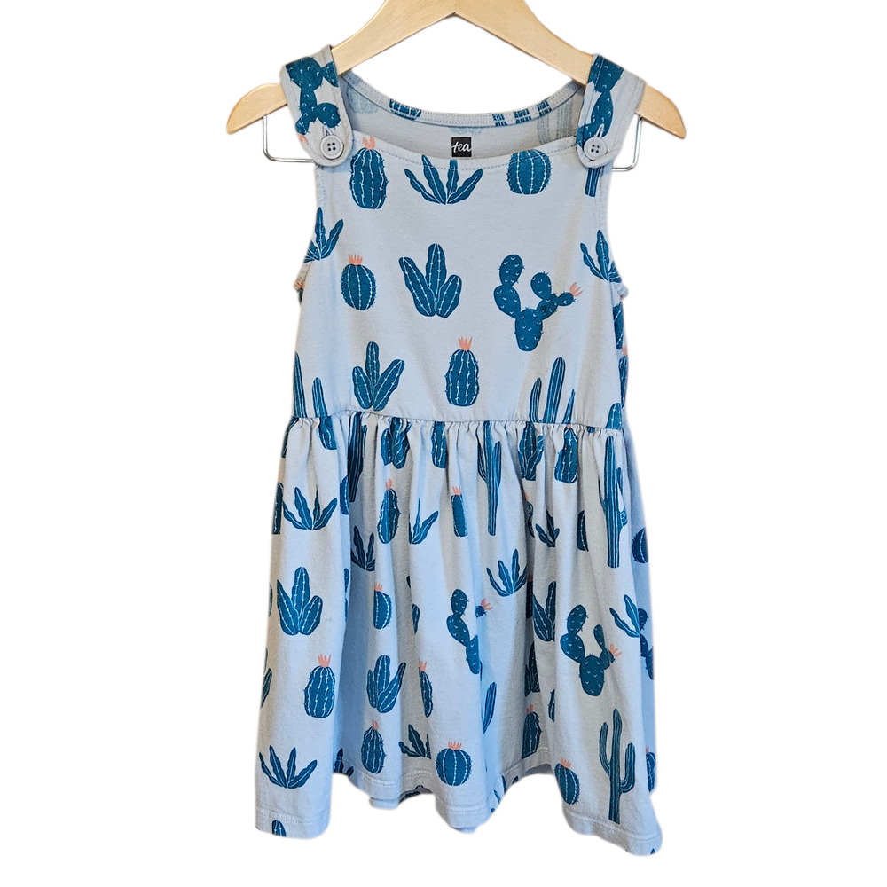 Tea Collection Girls 4 Gray Teal Blue Cactus Button Strap Pinafore Dress